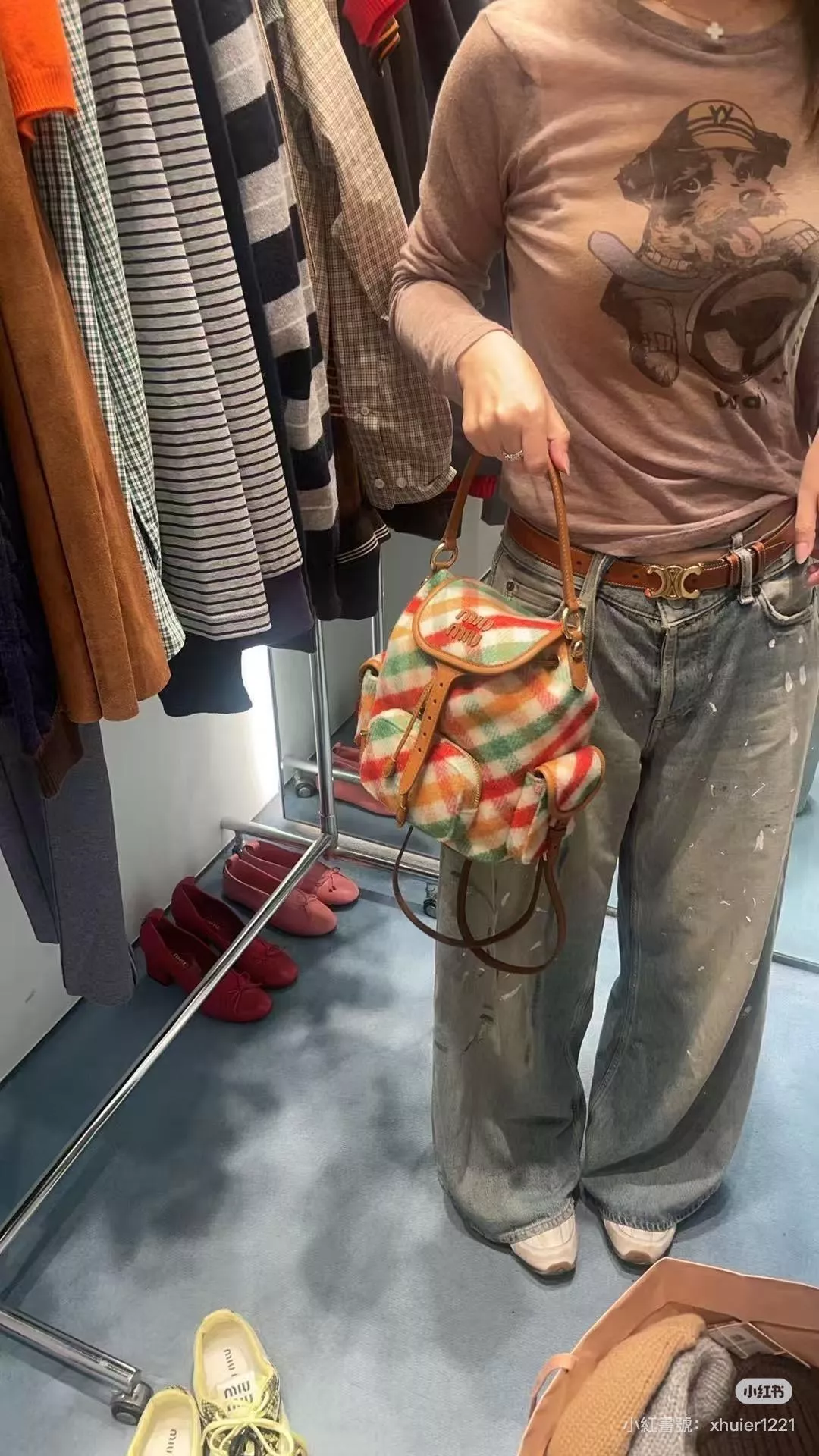 季節款｜Miumiu 格紋毛呢雙肩包（小號）・秋冬限定款｜22×18×11.5cm 5BZ043