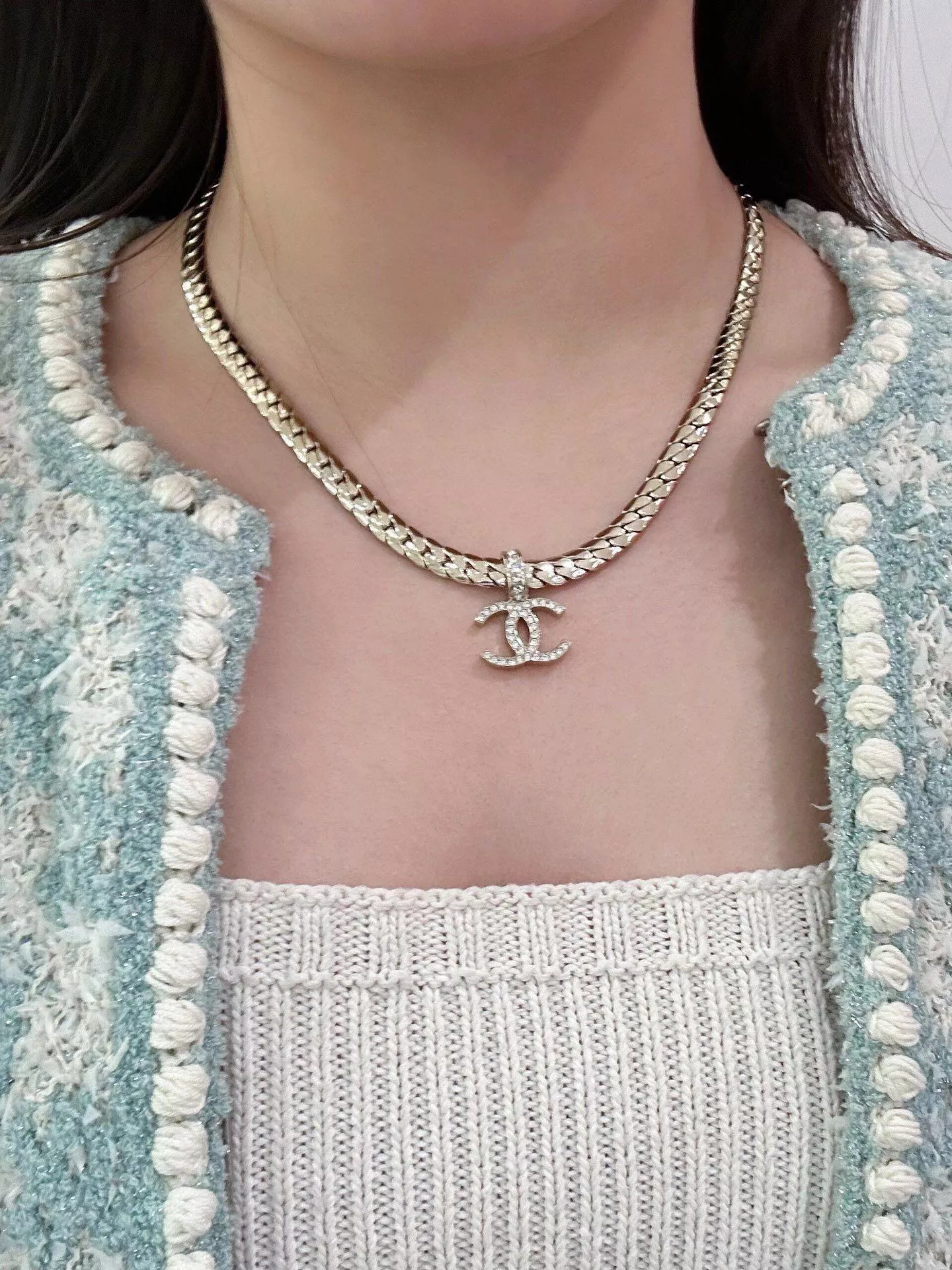 CHANEL 古巴鏈 × 滿鑽雙C造型項鍊｜金色｜Choker款