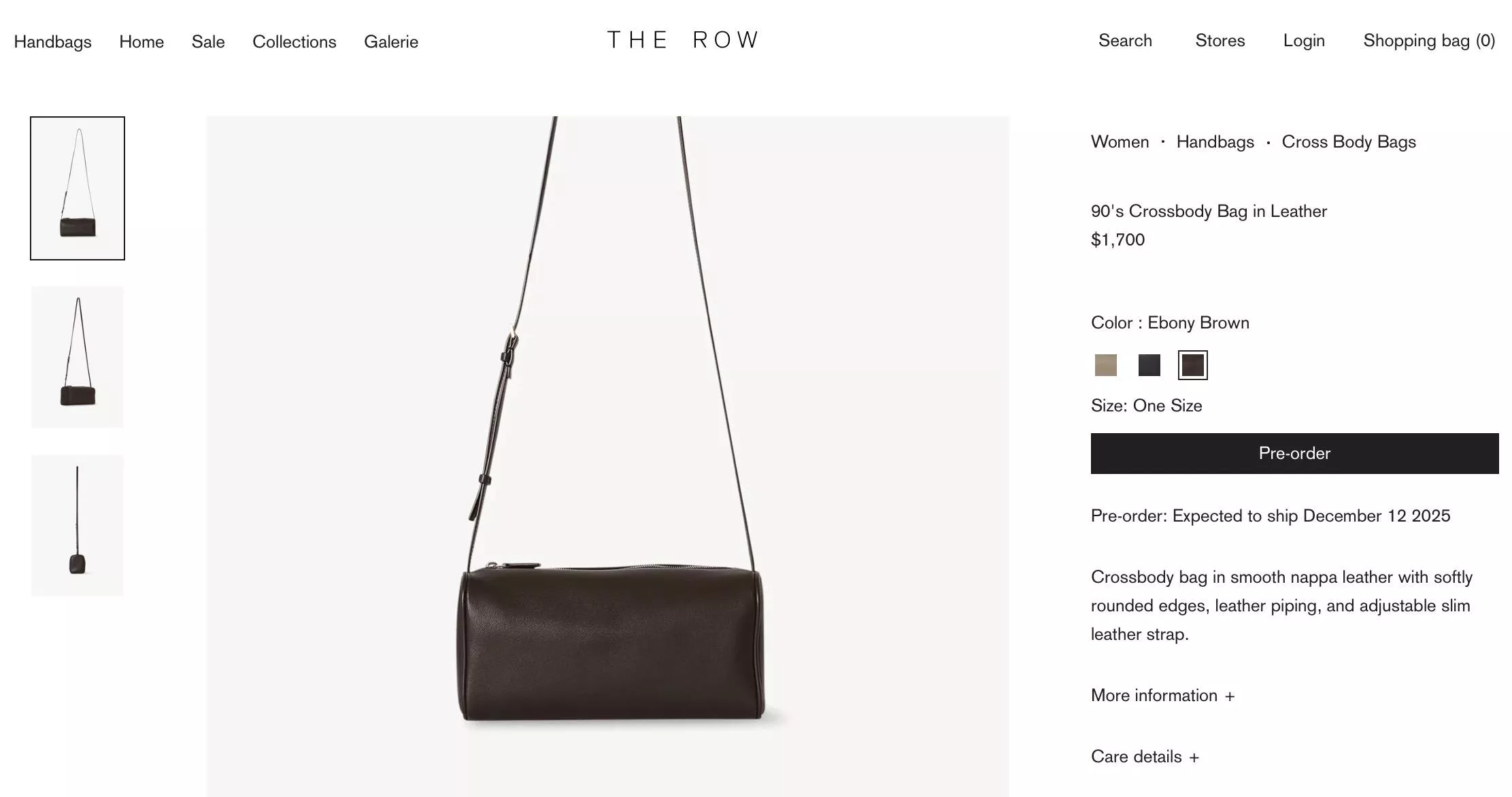 The Row （新版可斜挎） 烏木色小羊皮革 90's Crossbody Bag in Leather