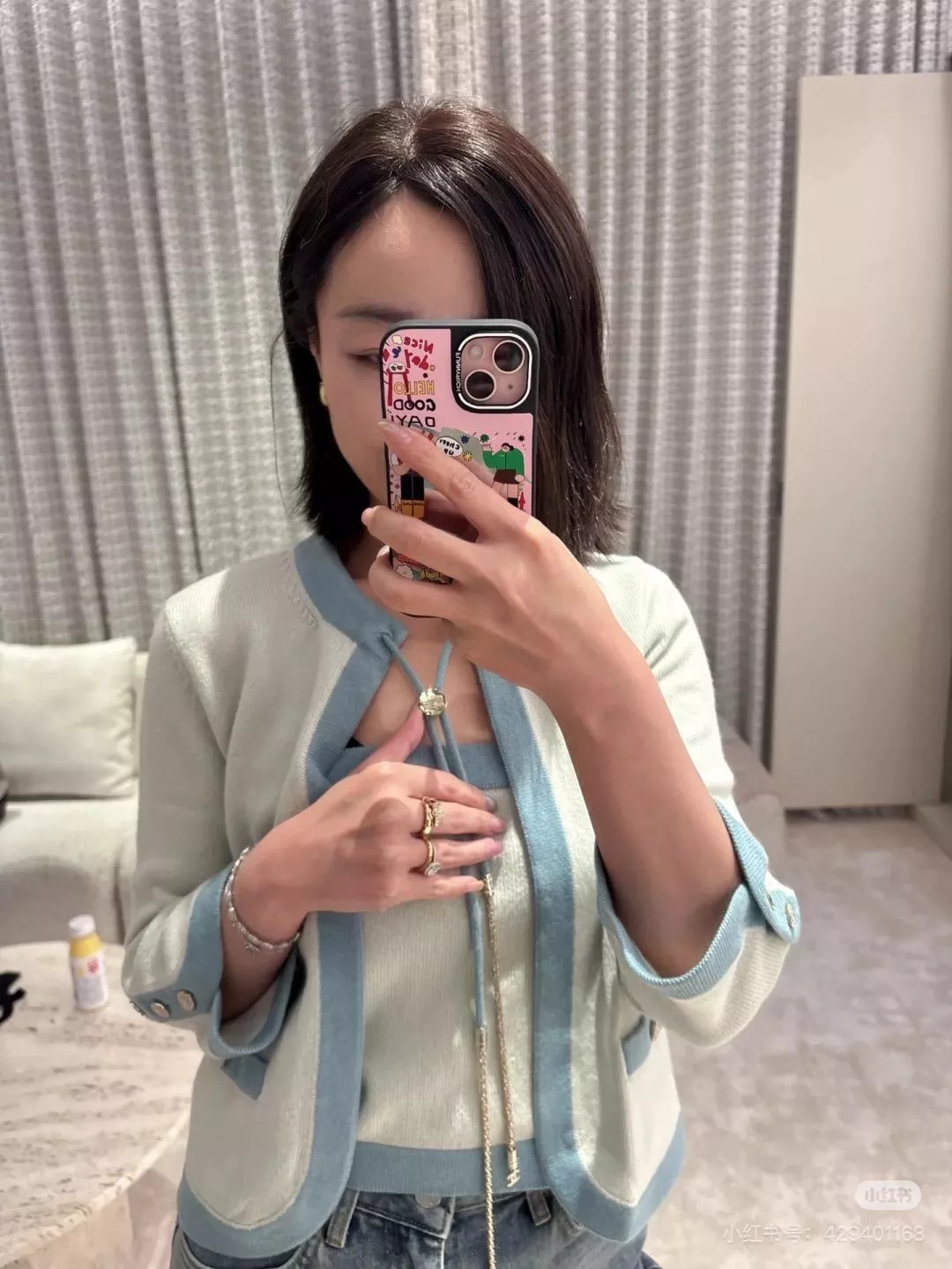 CHANEL 25A 天青色羊絨撞色開衫外套｜短版九分袖針織上衣｜質感百搭款｜36 / 38 / 40