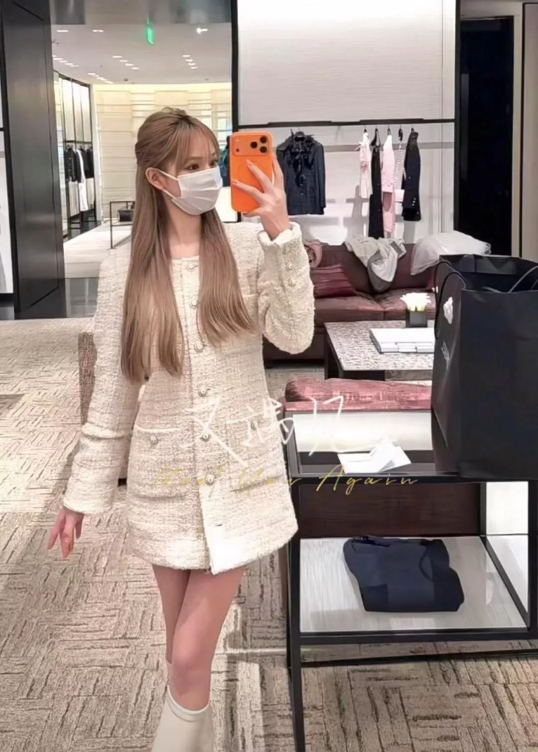 CHANEL 25A 杏色格紋長款軟呢外套｜斜紋軟呢面料｜36 / 38 / 40