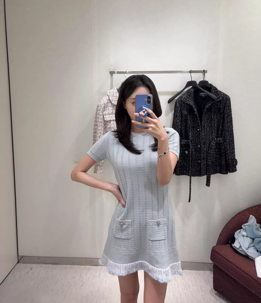 CHANEL 25B 淡藍色短袖流蘇邊針織連衣裙｜定制定纺毛料｜36 / 38 / 40