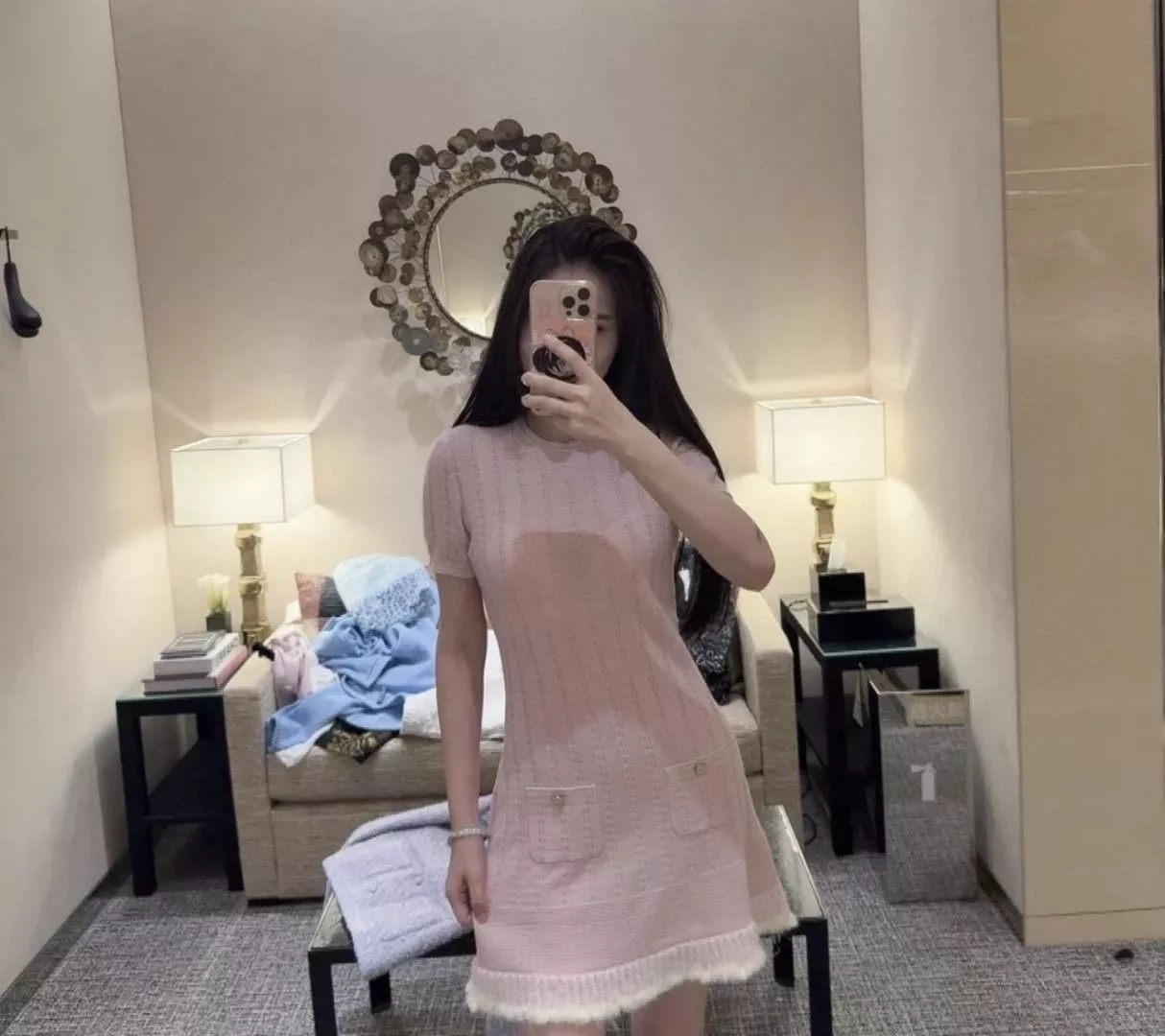 CHANEL 25B 淡粉色短袖流蘇邊針織連衣裙｜定制定纺毛料｜36 / 38 / 40