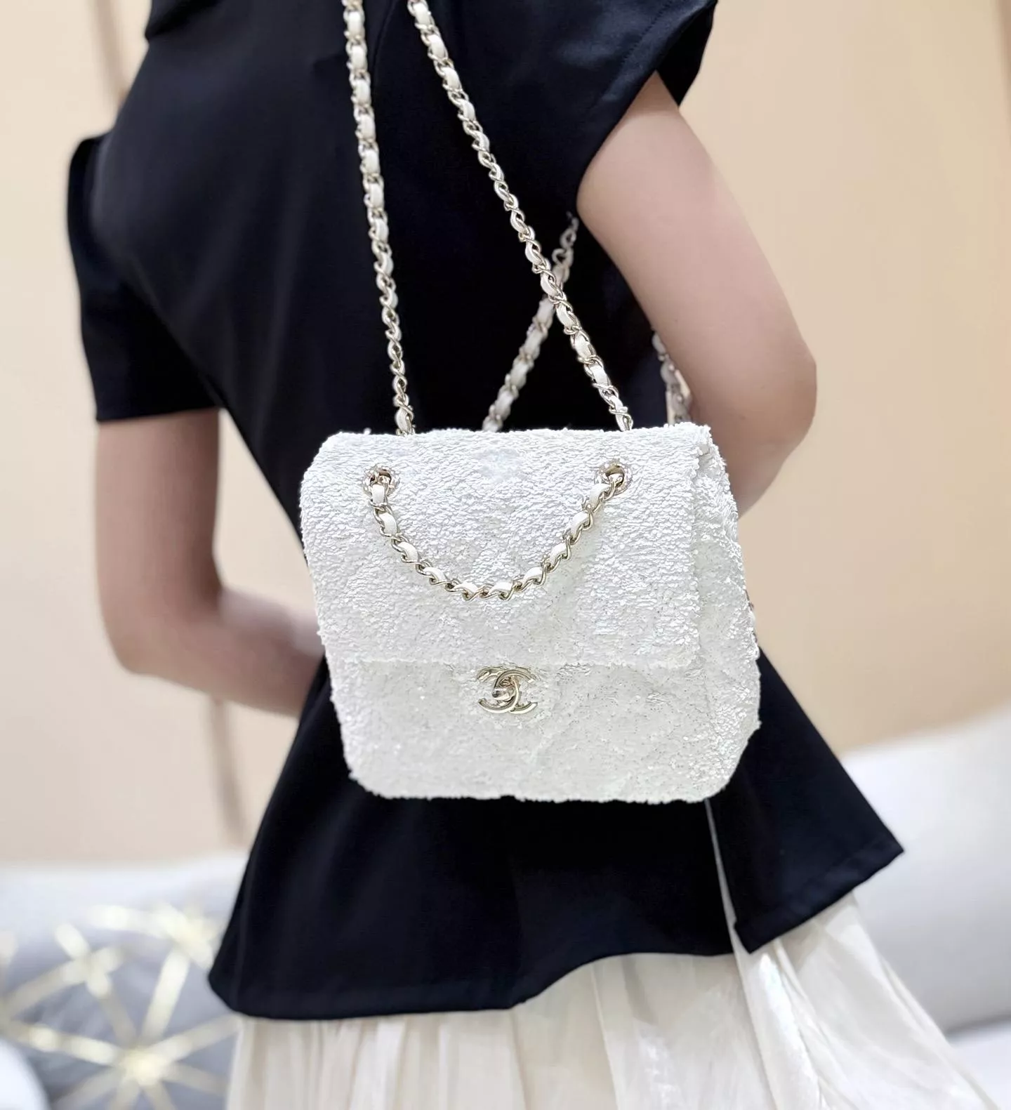 25B 白色亮片走秀款雙背包｜亮片＋小羊皮｜21×17×7cm