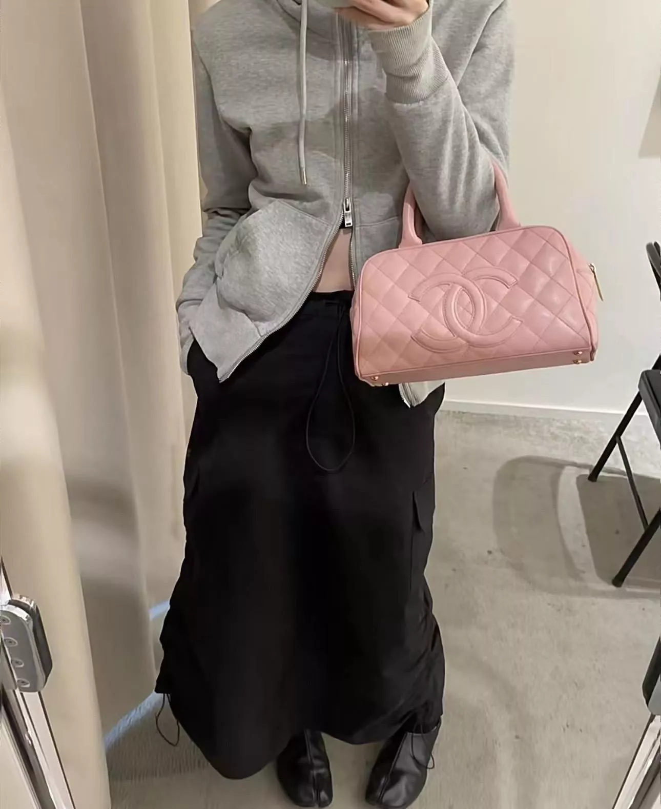 Jennie同款中古保齡球包 粉色荔枝牛皮 保齡球包 27cm