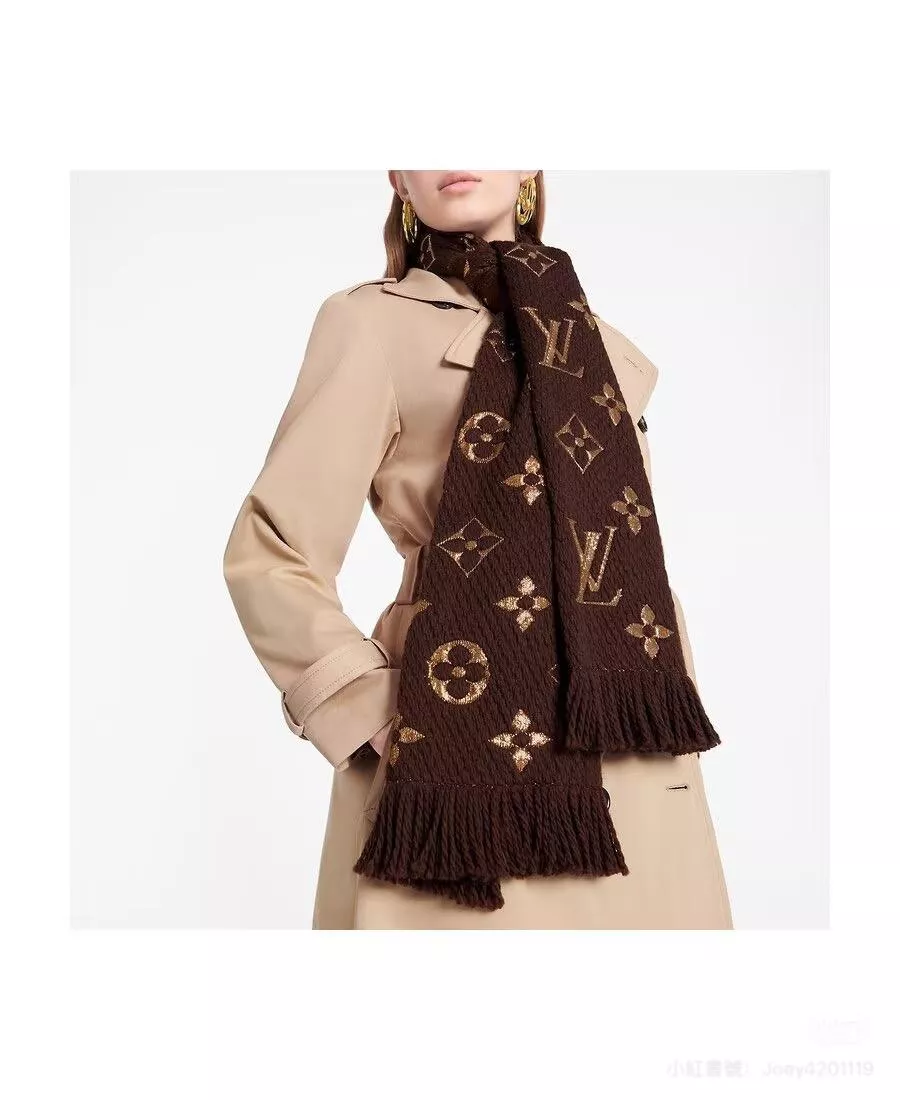 LV 金線x咖色 Monogram 刺繡圍巾｜175×30cm｜手工流蘇款
