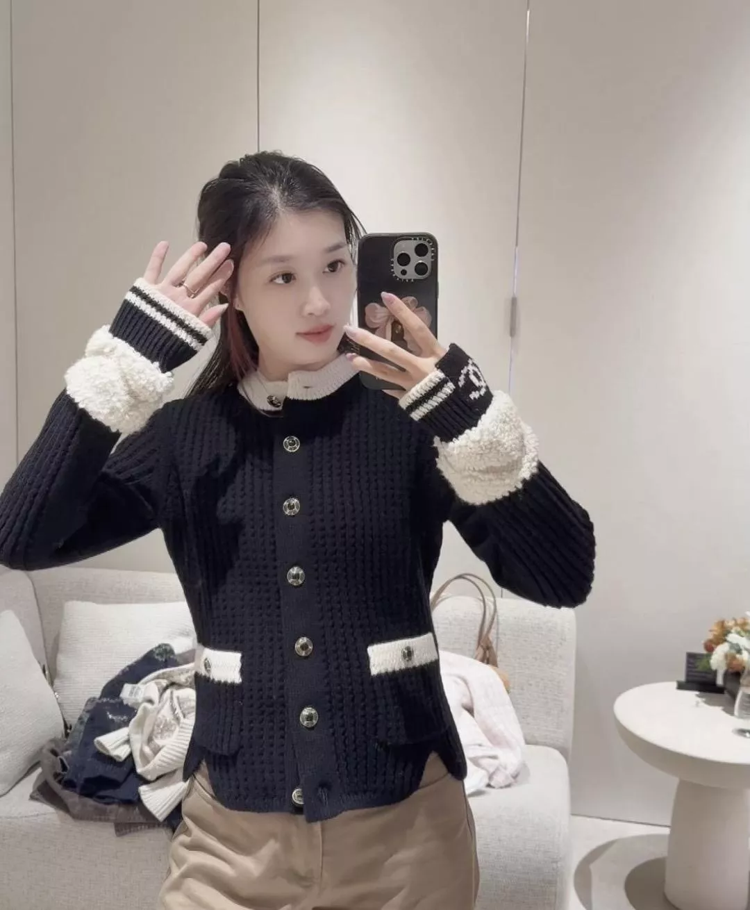 25N 毛巾袖立體坑條開衫｜厚實挺版｜白x黑｜36／38／40