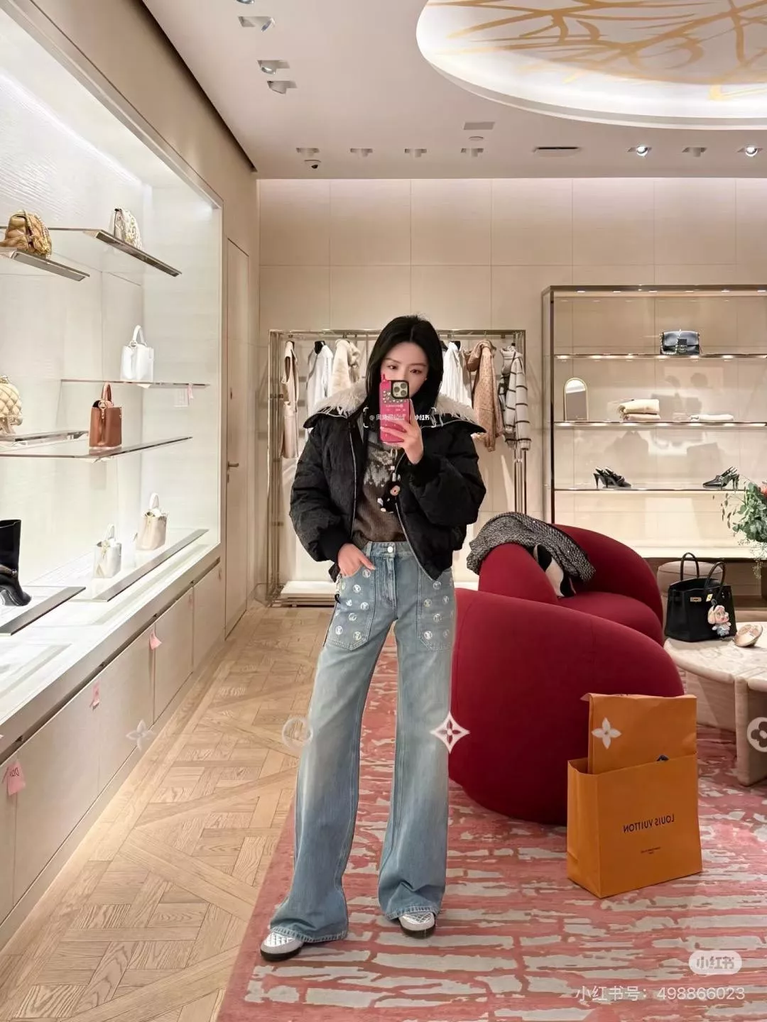 LV 亮片工裝牛仔褲｜中腰微喇叭丹寧｜口袋珠片設計｜亮片刺繡牛仔｜36/38/40