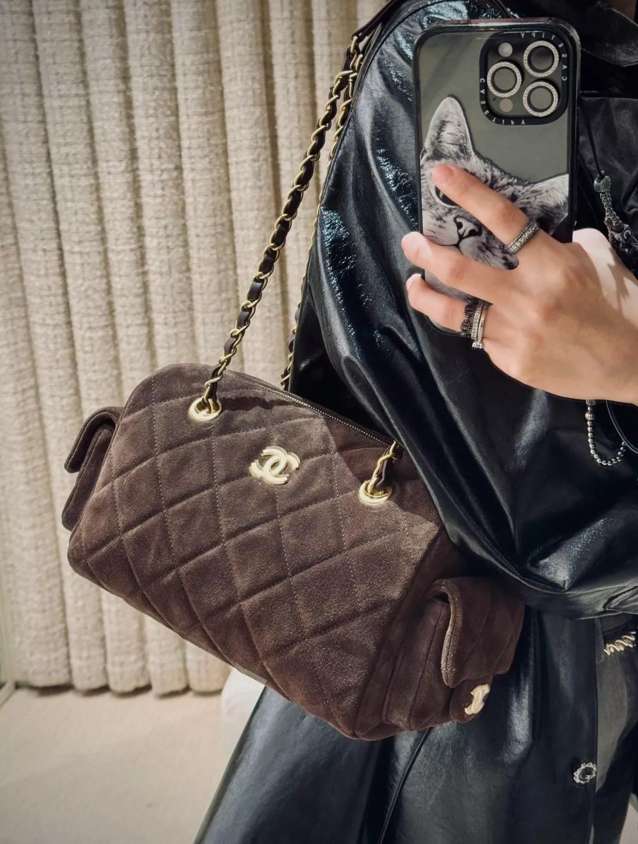 25K 雙袋保齡球包｜巧克力色 麂皮紋小牛皮・雙側口袋設計 25cm