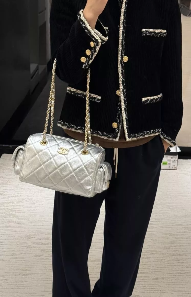 25K 雙袋保齡球包｜金屬銀 Antiba 金屬面小牛皮・雙側口袋設計