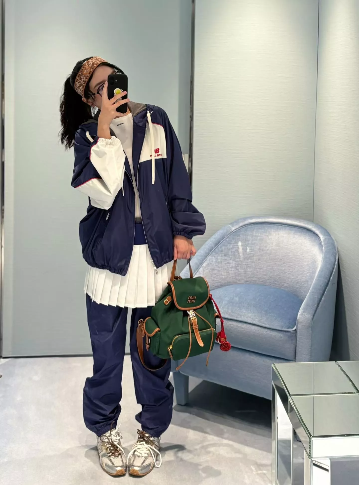 MIUMIU 帆布拼皮雙肩包（中號／台球綠/5BZ042）25cm