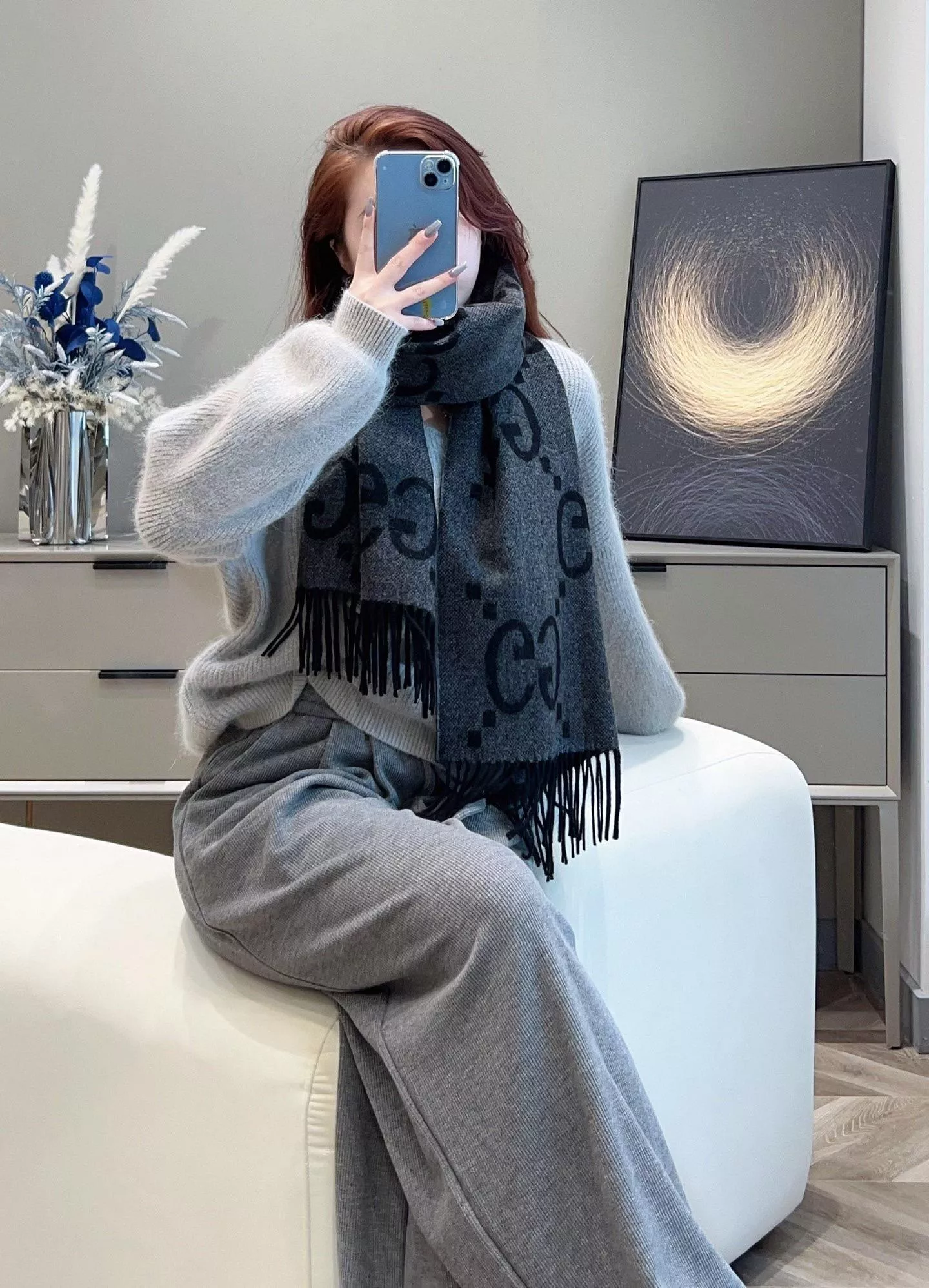 Gucci 雙面大G羊絨圍巾/毛帽 黑灰｜45×200cm｜山羊絨