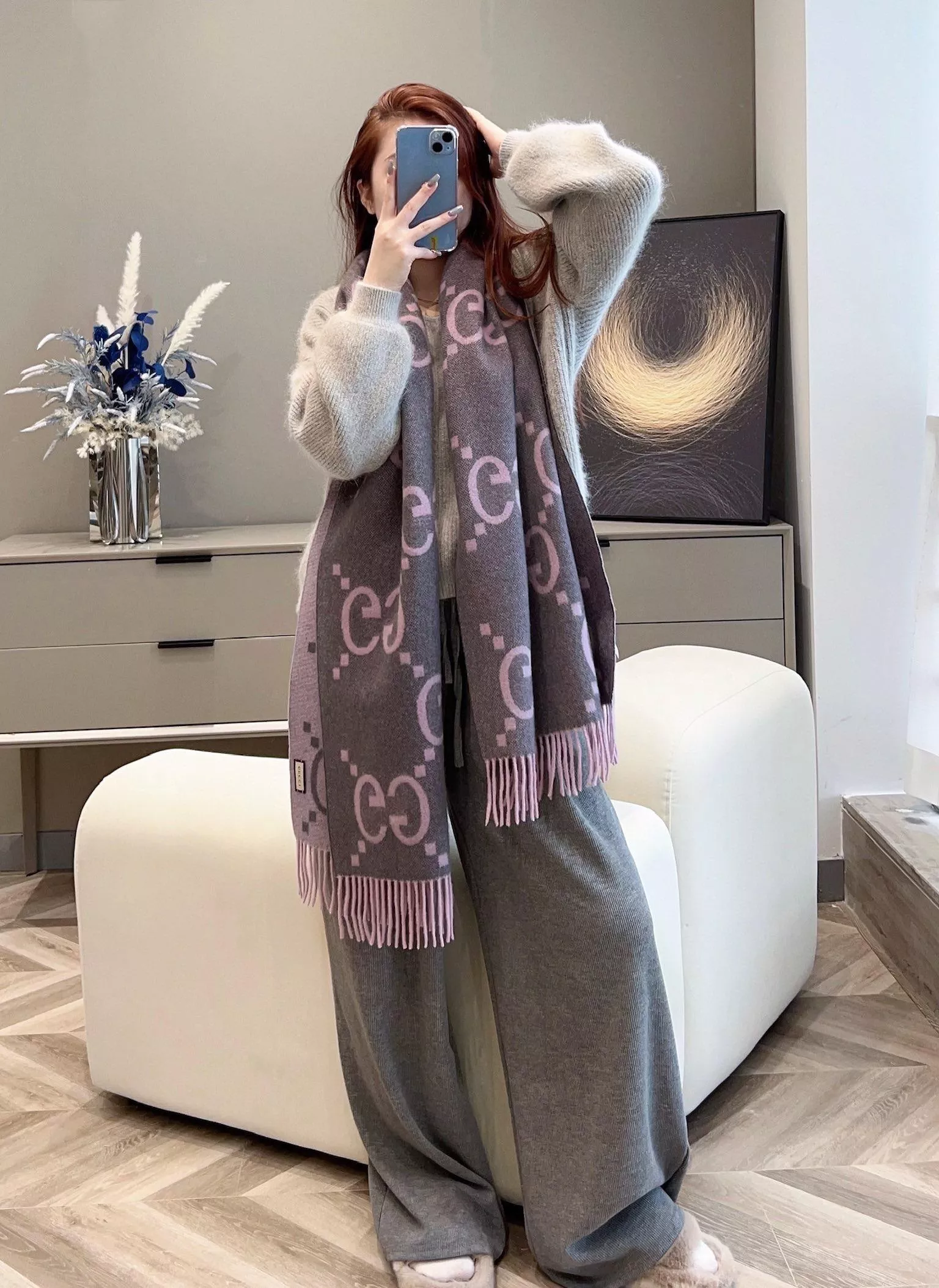 Gucci 雙面大G羊絨圍巾/毛帽 粉灰色｜45×200cm｜山羊絨