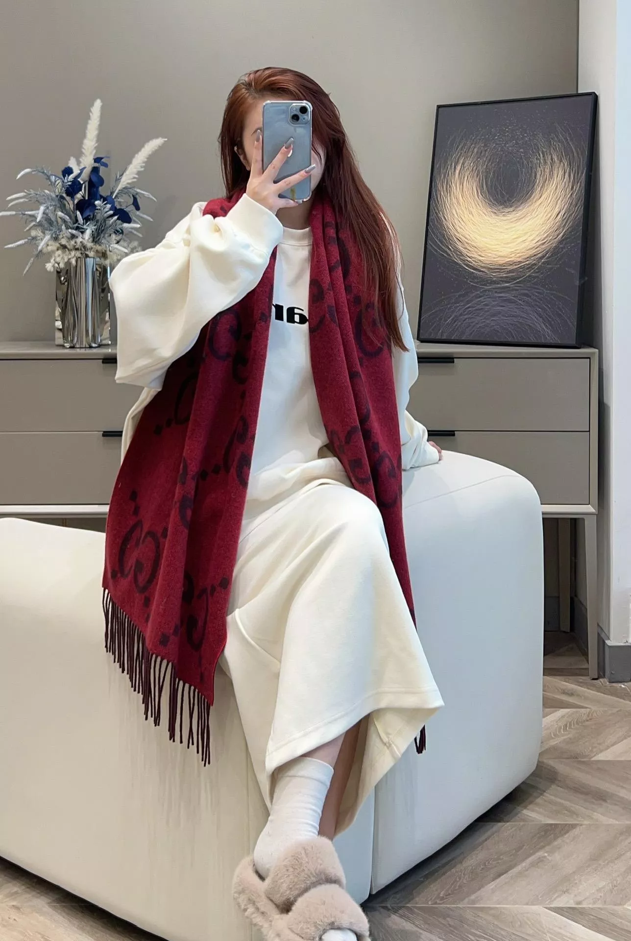 Gucci 雙面大G羊絨圍巾/毛帽 紅色｜45×200cm｜山羊絨