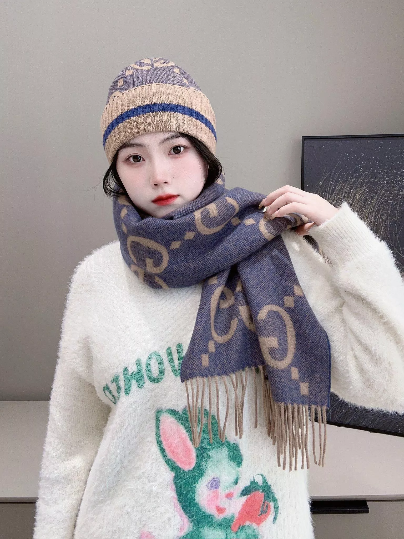 Gucci 雙面大G羊絨圍巾/毛帽 藍駝色｜45×200cm｜山羊絨