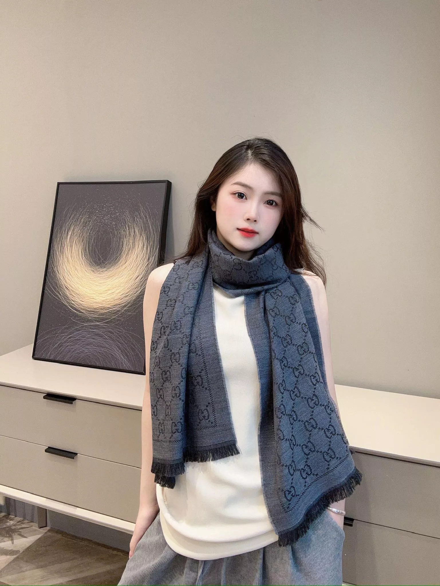 Gucci 雙面小G字母提花圍巾 炭灰色｜48×180cm｜羊毛披肩