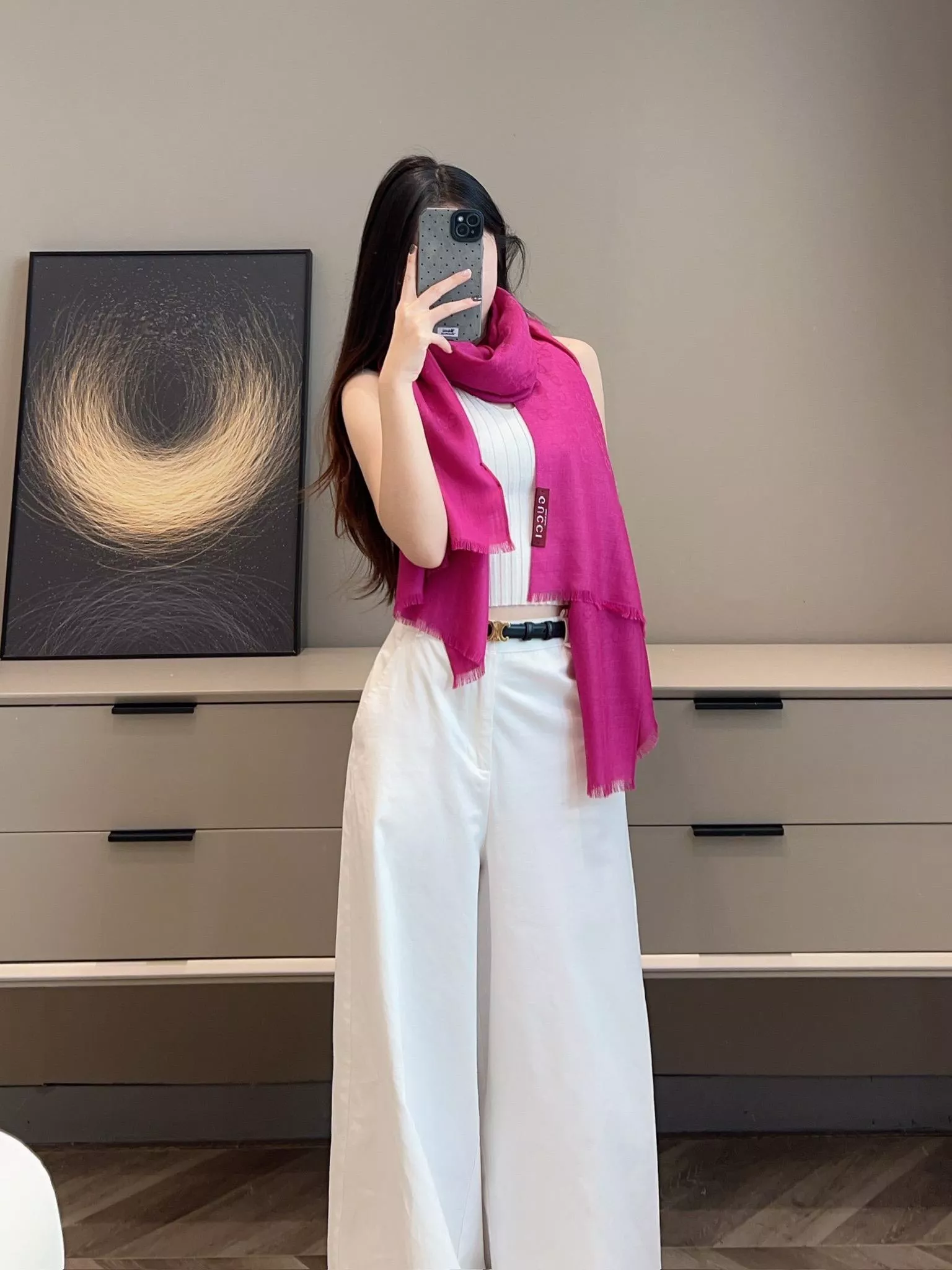 雙面小G字母長巾 披肩 玫紅色｜45×180cm｜羊毛真絲混紡