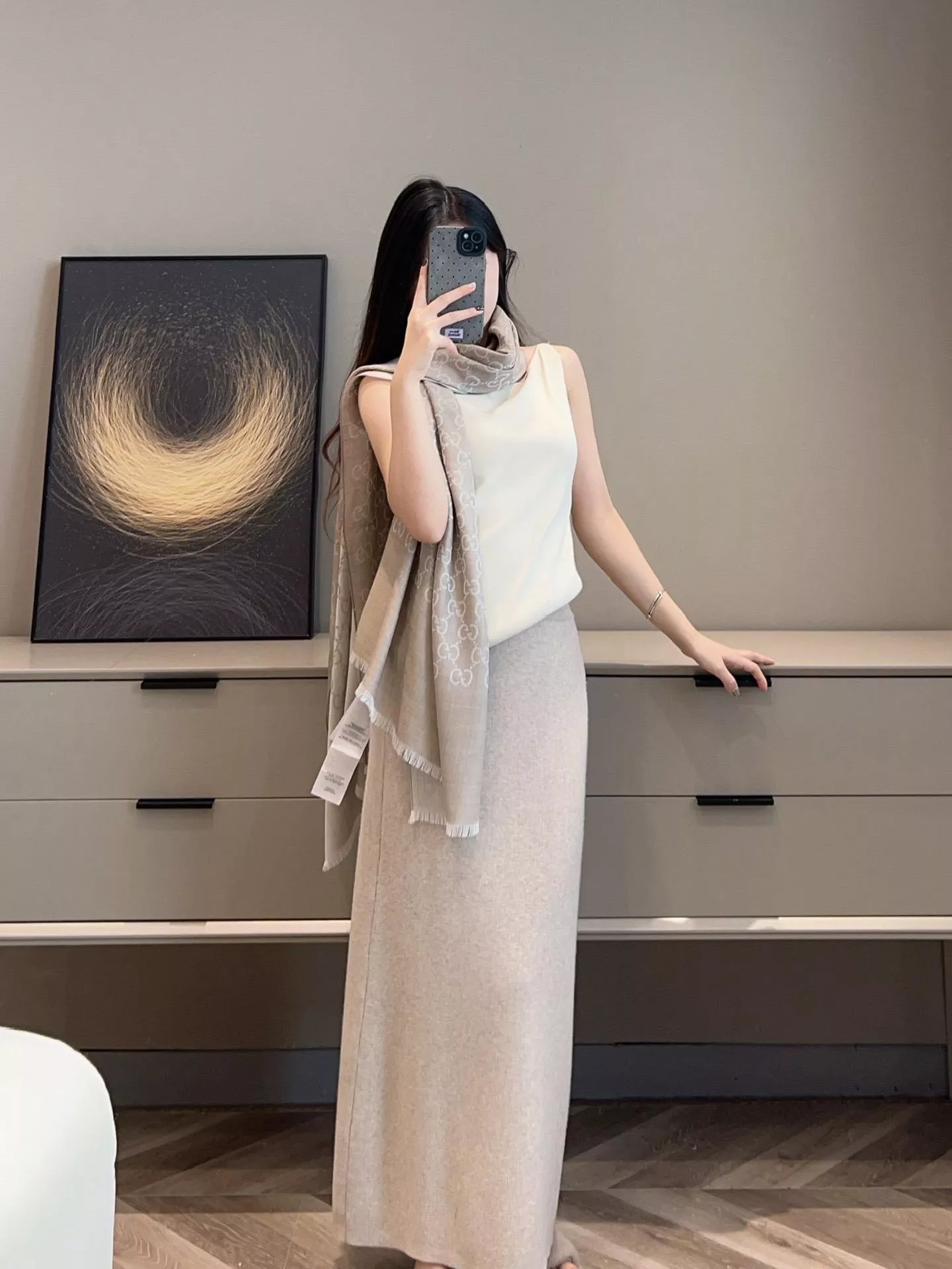 雙面小G字母長巾 披肩 杏色｜45×180cm｜羊毛真絲混紡