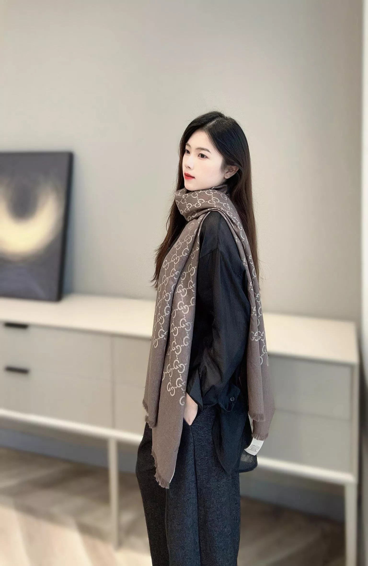 雙面小G字母長巾 披肩 咖色｜45×180cm｜羊毛真絲混紡