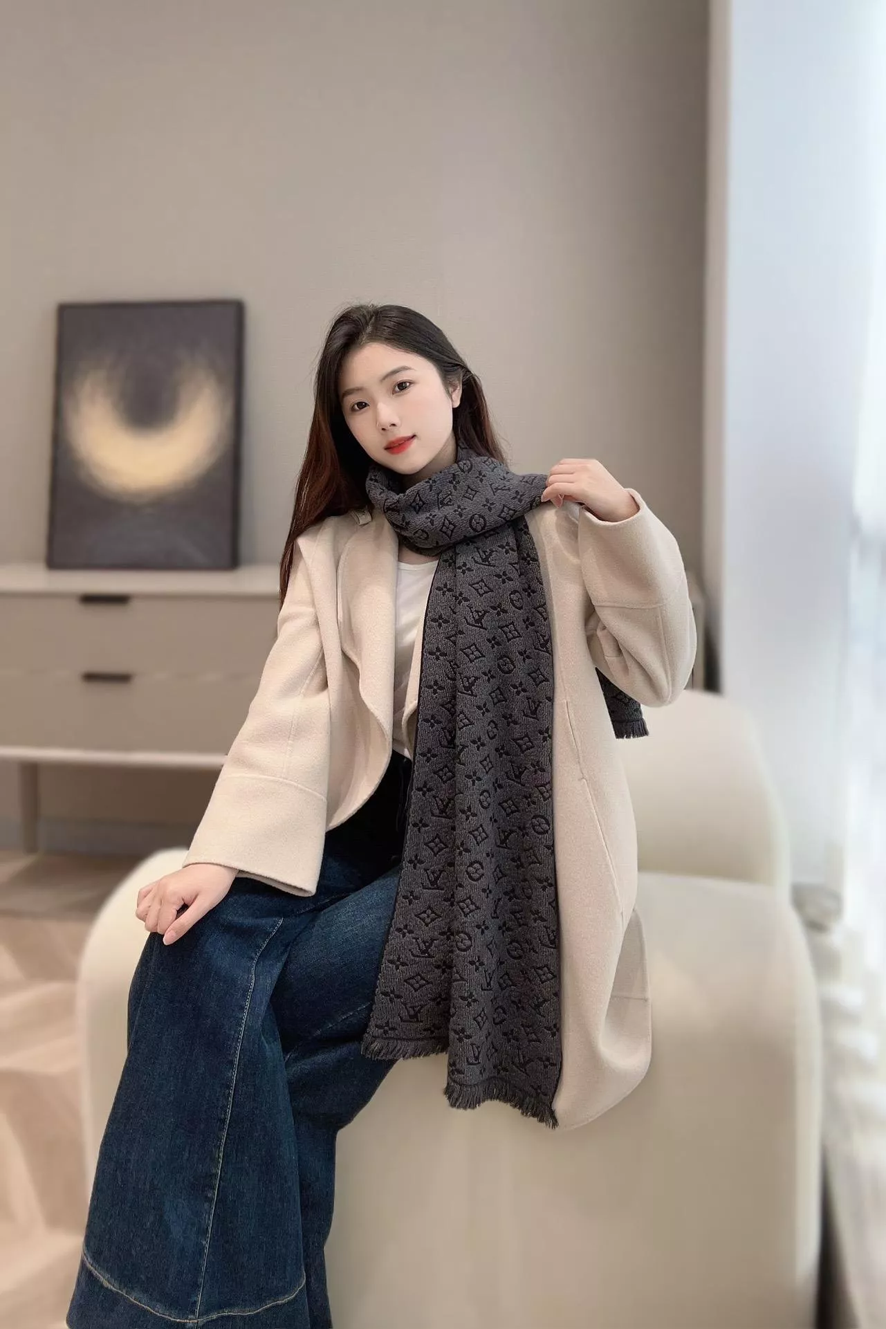 LV 經典提花男士圍巾 黑灰色｜180×40cm｜100%羊毛