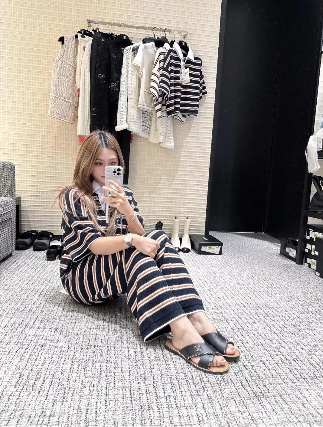 26C 早春鏈條平底涼拖鞋｜黑色｜雙C金屬鏈條｜35–41