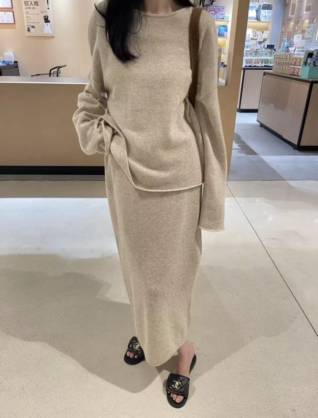 小羊皮菱格黑色拖鞋｜書包釦設計平底涼拖｜百搭夏季女鞋｜35–41