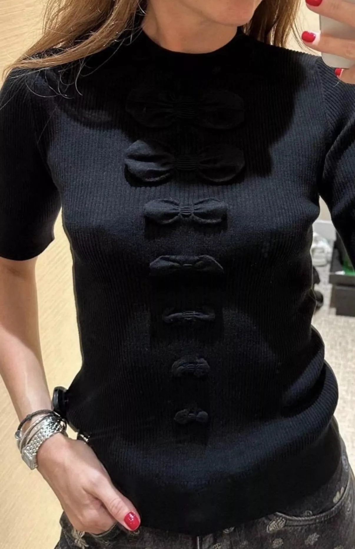 25K 黑色立體蝴蝶結短袖針織上衣｜高難度鼓波編織｜親膚細羊毛｜36/38/40