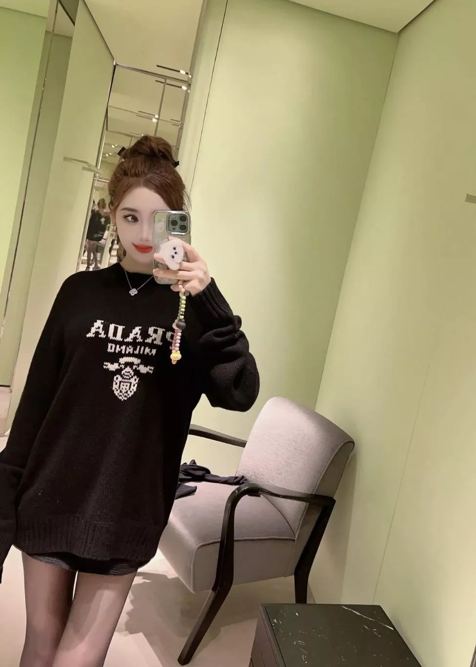 PRADA 黑色 提花徽章羊毛羊絨混紡圓領針織衫｜經典款｜秋冬保暖內搭｜46–52