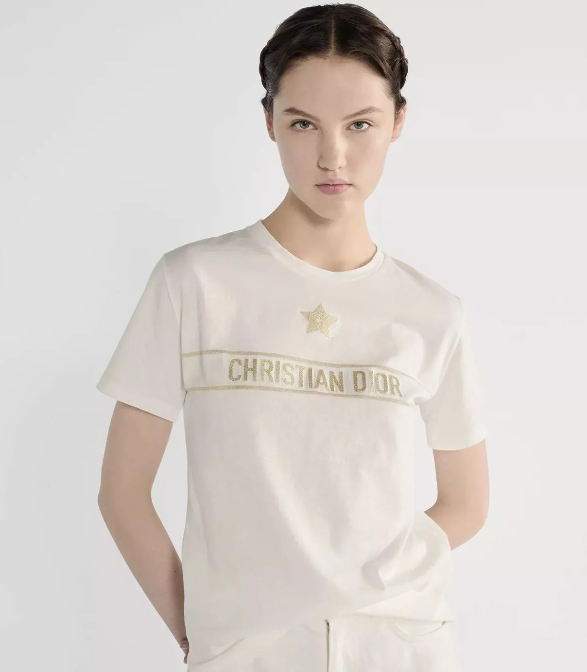 DIOR （白色）白金五角星字母刺繡棉質 T恤 圓領短袖上衣