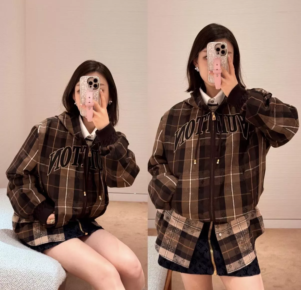 LV 男女同款 格紋連帽拉鍊夾克｜羊毛混紡・復古老錢風（36–42）