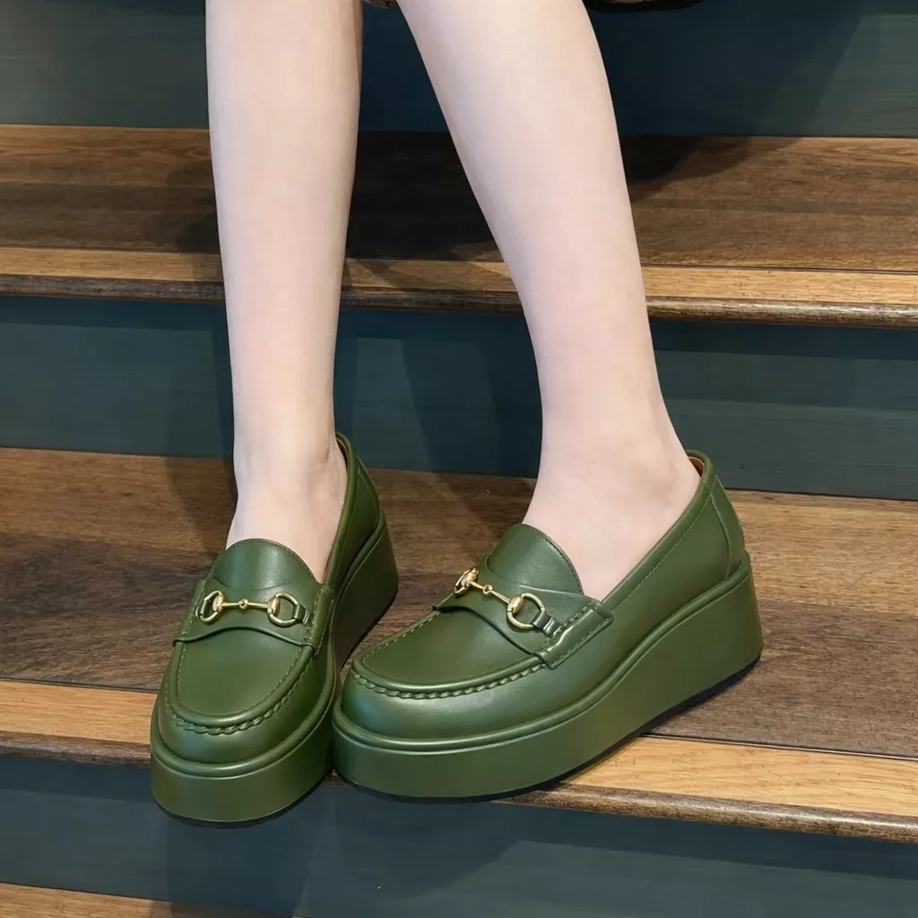 皮革款/抹茶綠 馬銜扣厚底樂福鞋｜前水台 2.5cm・厚底 5cm