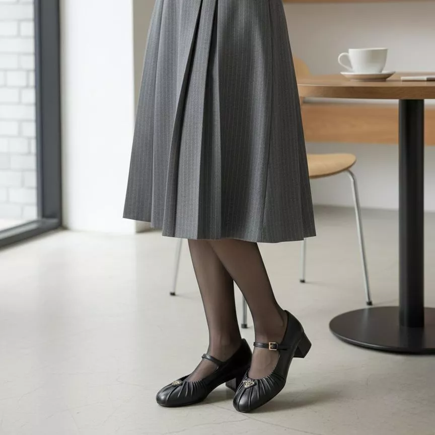 PRADA 黑色皺摺小牛皮瑪麗珍鞋 粗跟款｜4cm 跟高