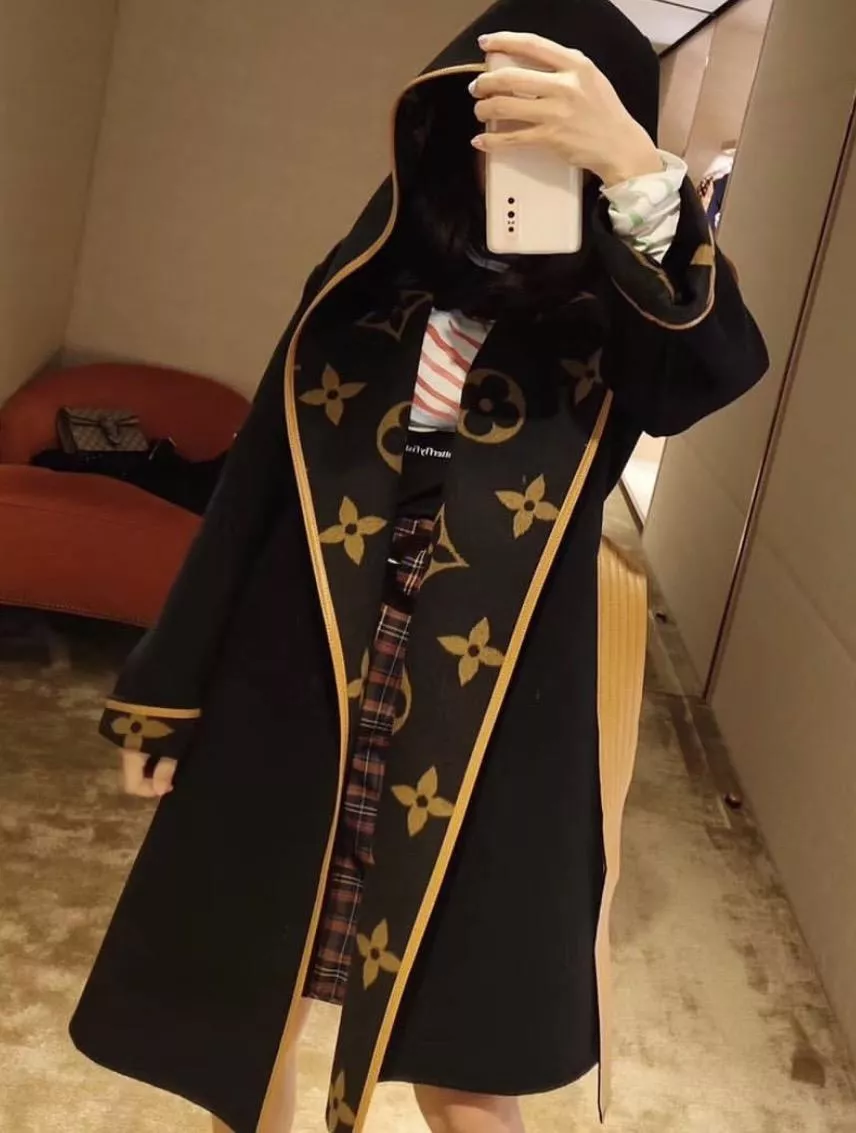 LV 經典大翻領圍裹式羊毛長版大衣｜黑金配色 腰帶設計（36／38／40）