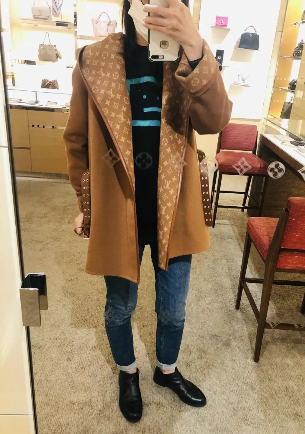 LV 焦糖色 小Logo款 雙面圍裹式連帽短大衣｜（36／38／40）