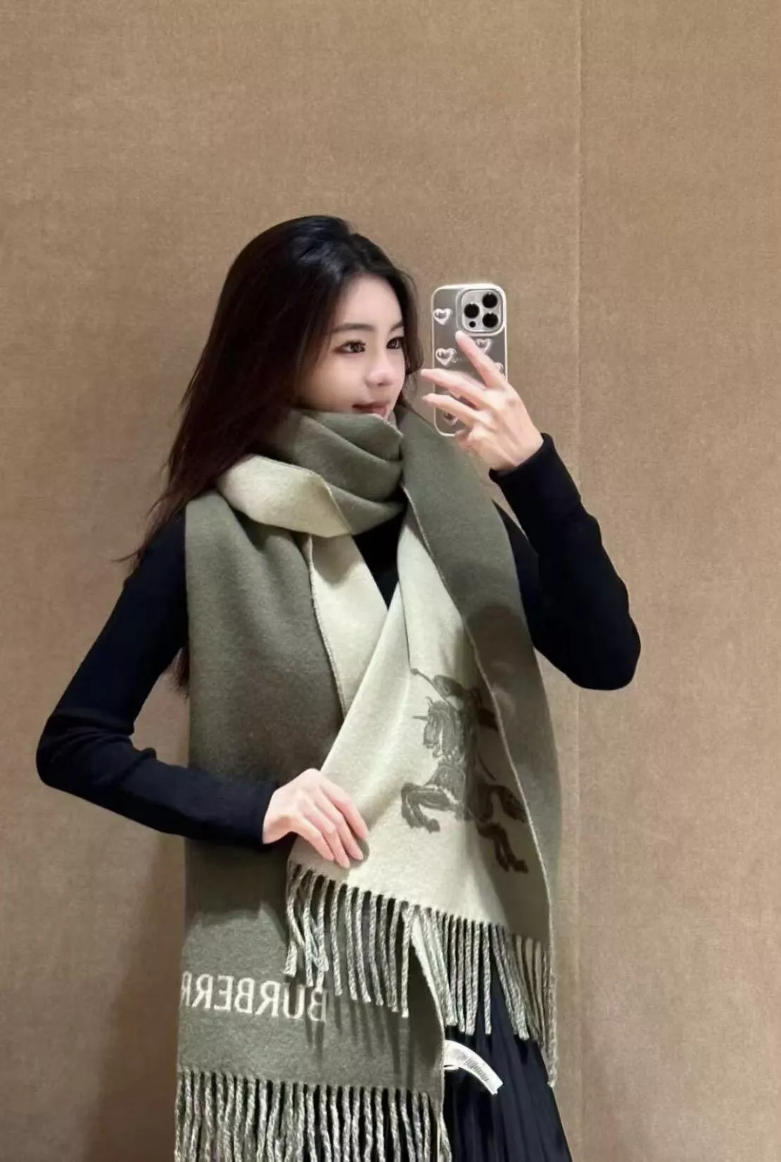 森林綠🌳 雙面兩用馬術騎士徽標羊絨圍巾｜EKD 提花設計（210×45cm）