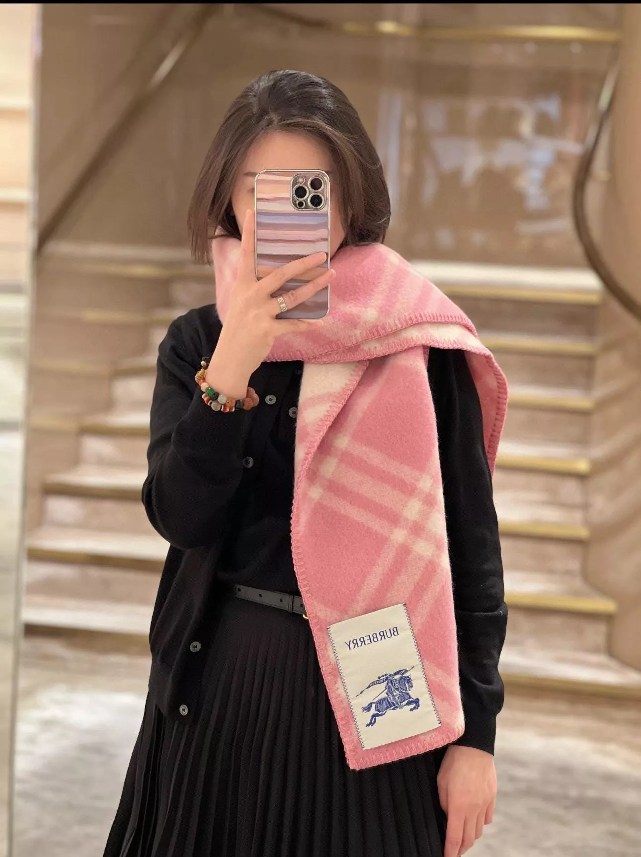 粉色雙面兩用戰馬格紋長巾｜拉絨羊毛圍巾（182×30cm）