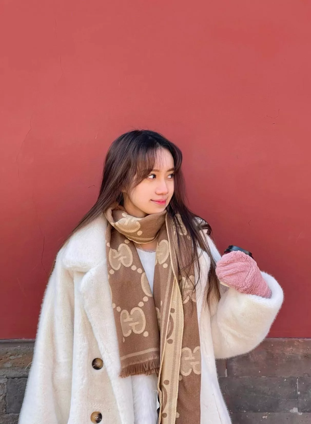 淺咖色｜雙面 GG 字母金絲羊毛圍巾｜雙色提花設計｜45×195cm