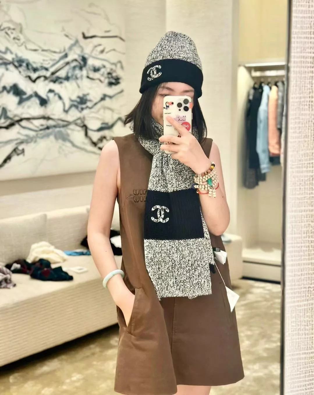 24A 羊絨圍巾＋毛帽套組｜經典雙色設計｜190×30cm