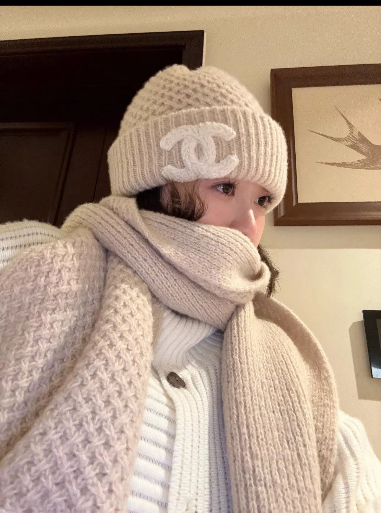 25K 菱格針織羊絨圍巾毛帽套裝｜米白色｜顆粒絨感｜180×30cm