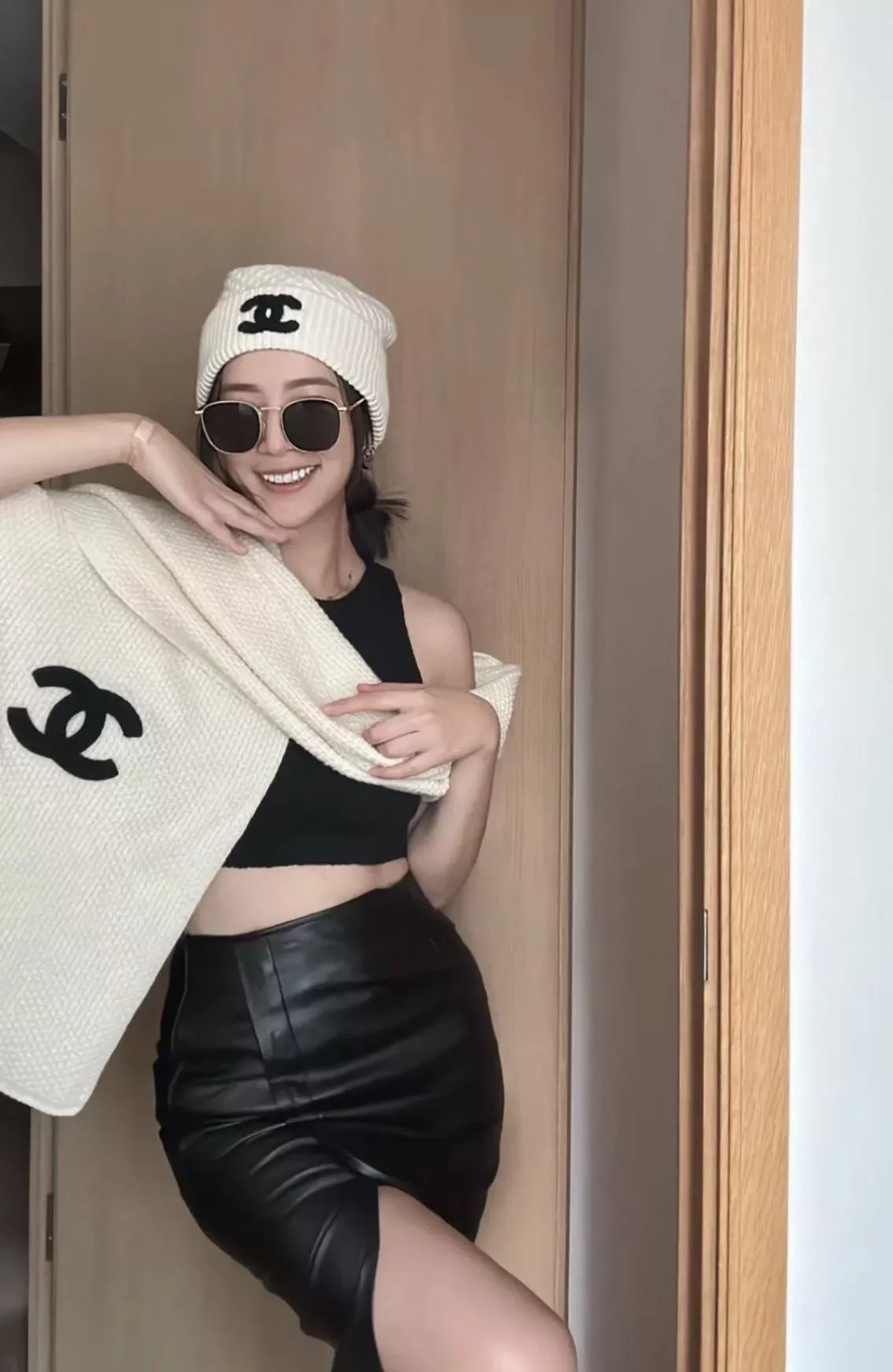 針織雙字母 羊絨圍巾毛帽組｜米白色｜100% 羊絨｜35×200cm