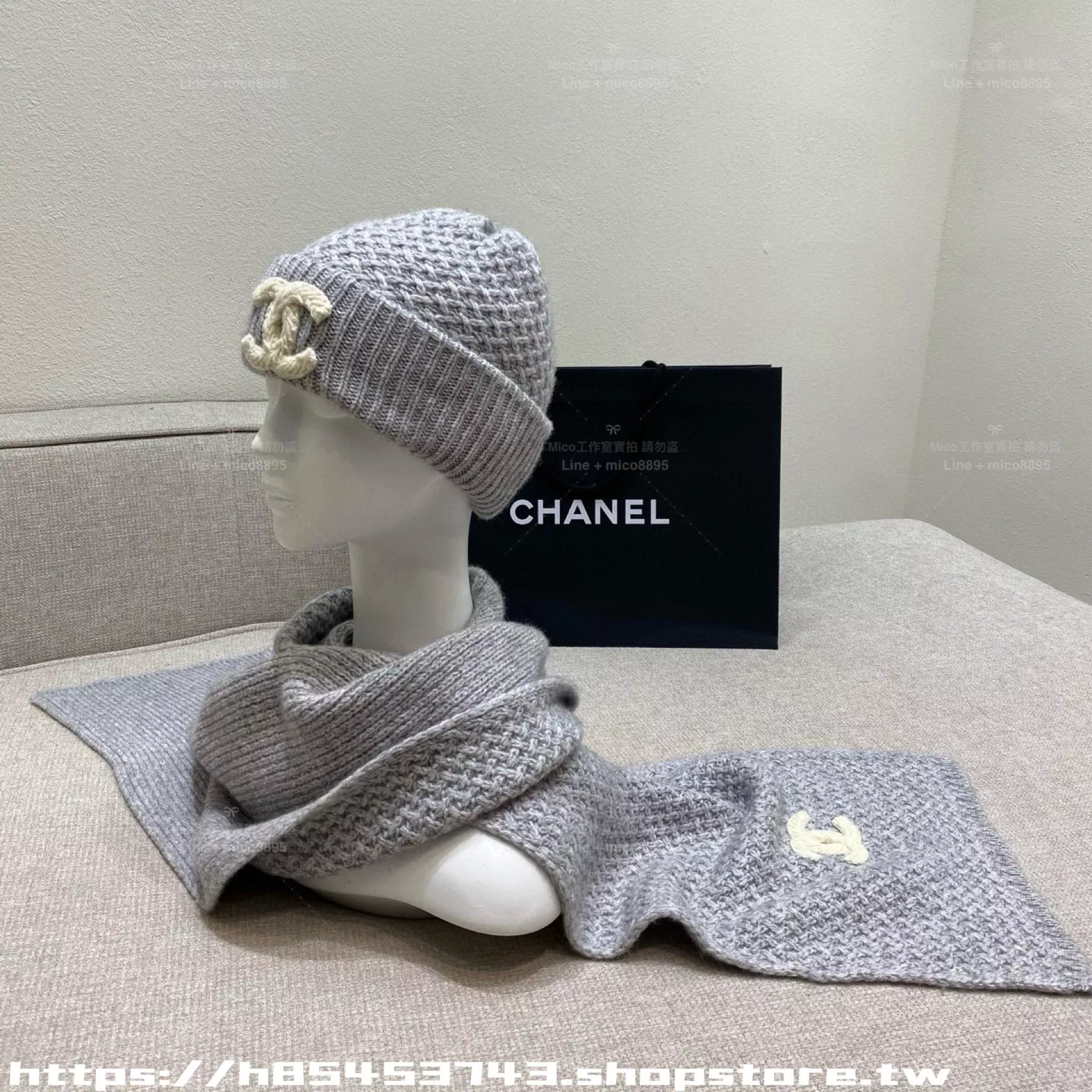 25K 菱格針織羊絨圍巾毛帽套裝｜灰色｜顆粒絨感｜180×30cm