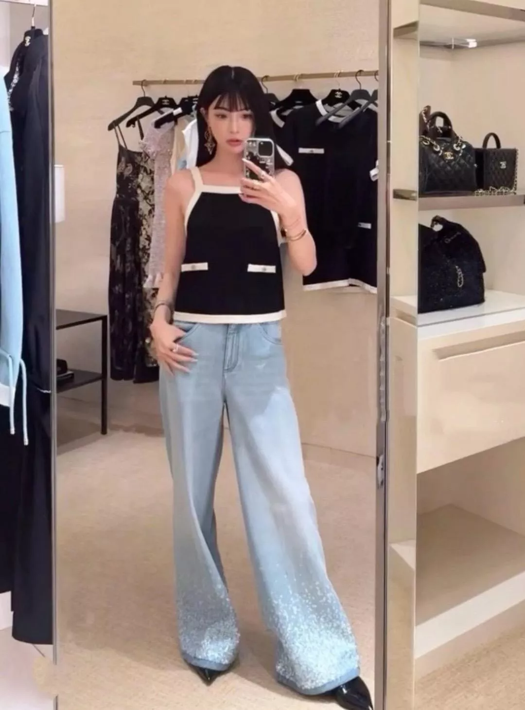 珠片漸層牛仔寬褲｜高腰闊腿牛仔褲｜直筒牛仔長褲｜34/36/38