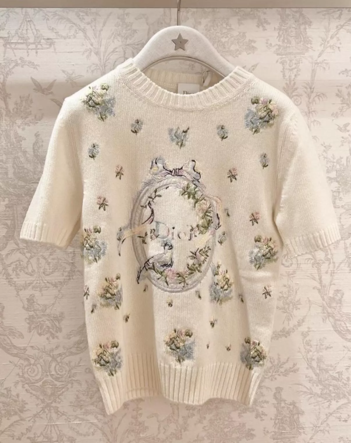 DIOR 花卉刺繡羊絨短袖針織｜圓領刺繡針織上衣｜優雅花卉針織衫｜36/38/40