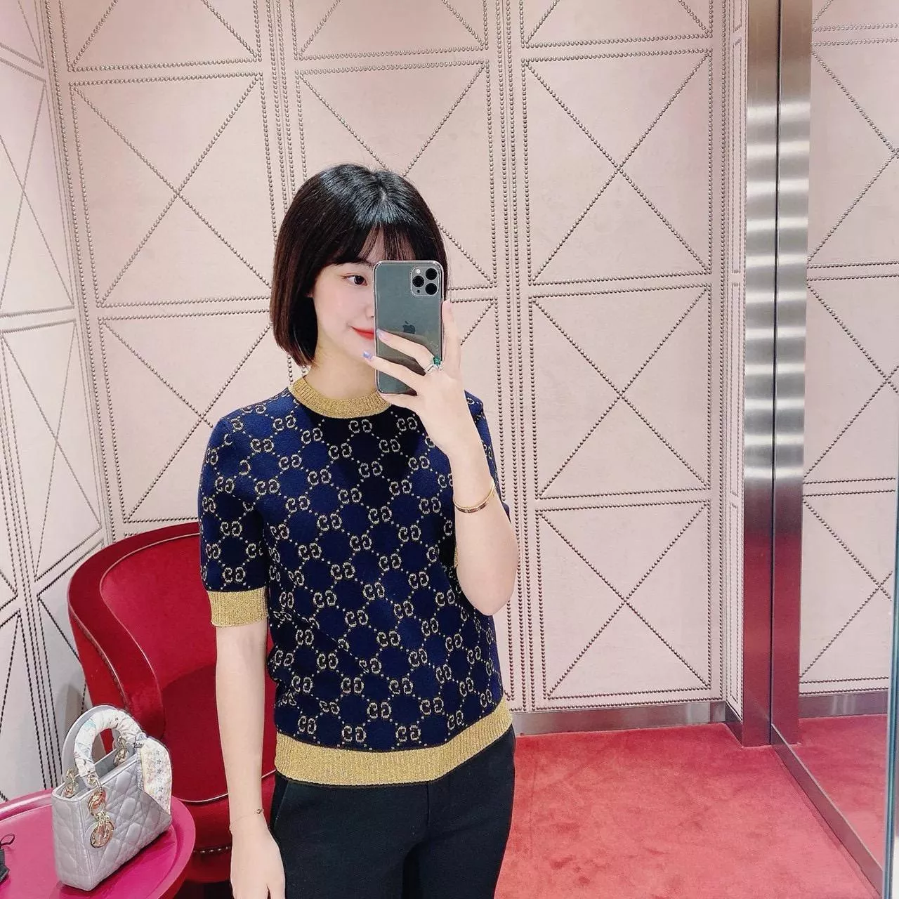 GUCCI 雙G滿版提花針織短袖上衣｜S-M-L