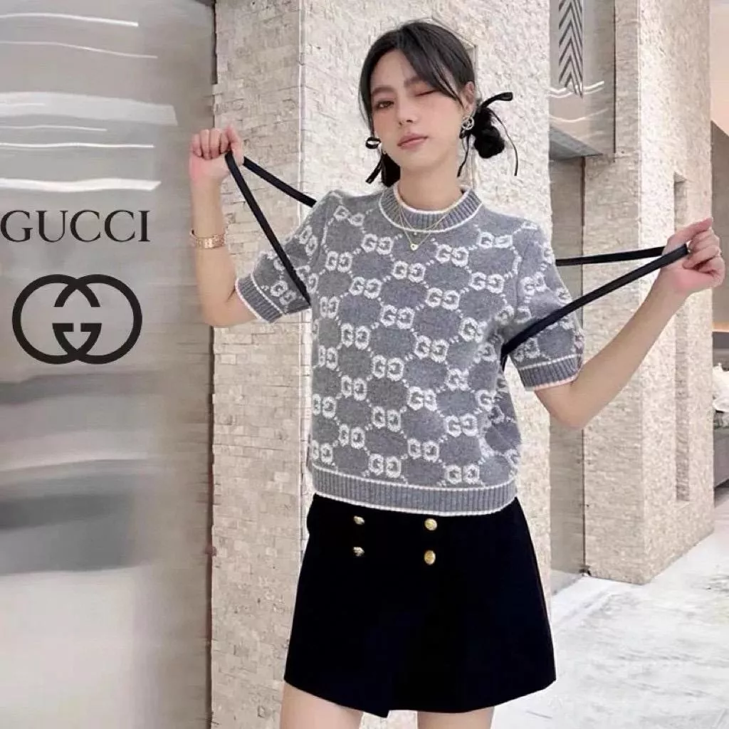 GUCCI 灰色 經典雙G滿版提花針織上衣｜S-L