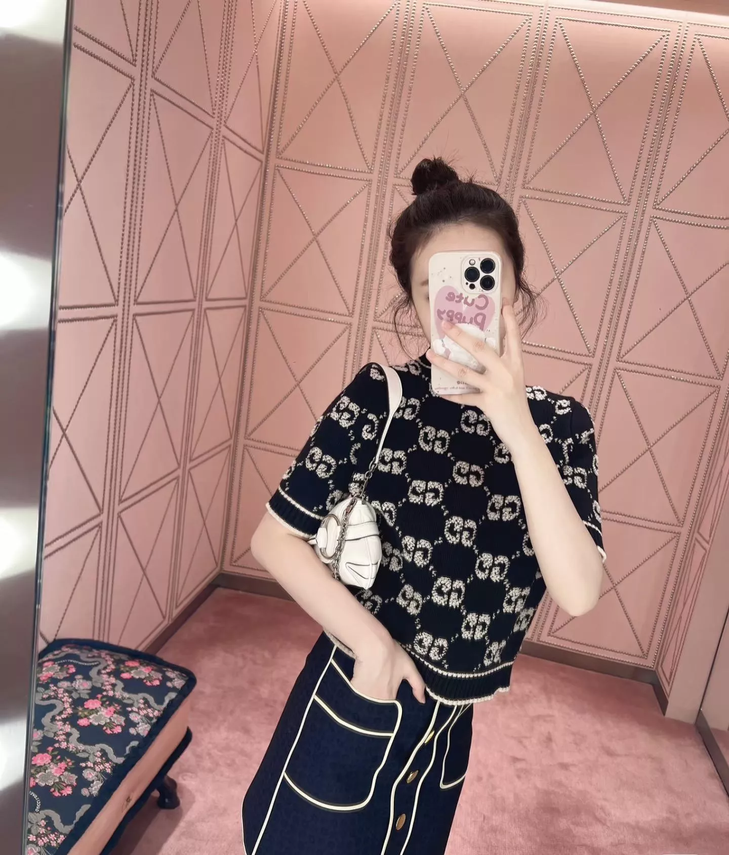 GUCCI 黑色 經典雙G滿版提花針織上衣｜S-L