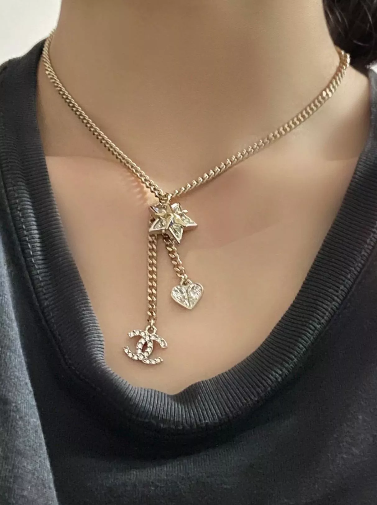 星星愛心三吊墜水鑽項鍊