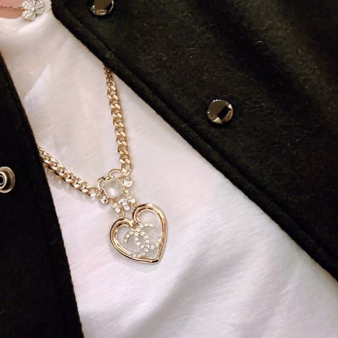 愛心水鑽雙C吊墜項鍊｜復古粗鏈條長項鍊