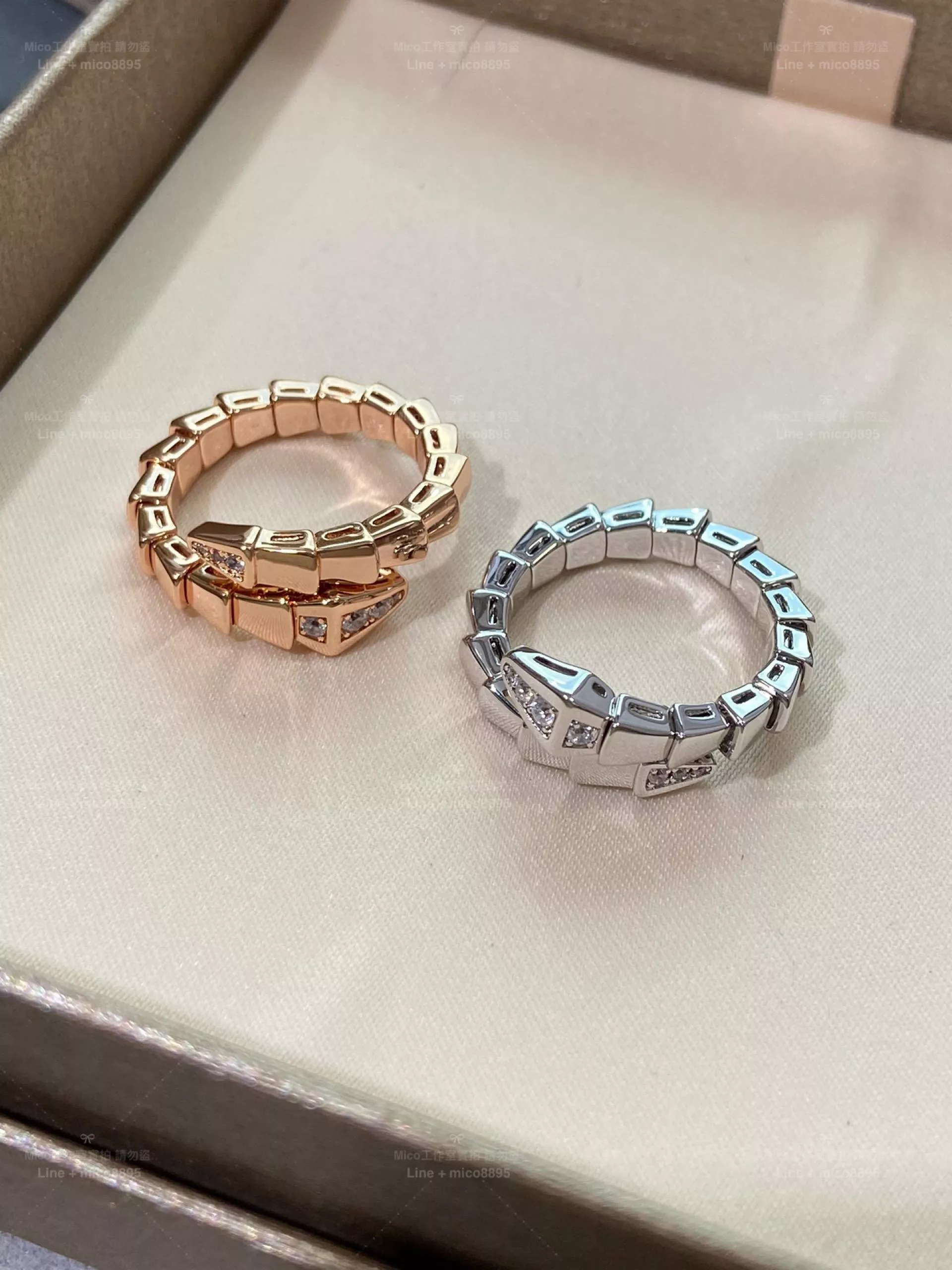 BVLGARI 寶格麗 靈蛇水鑽戒指 玫瑰金/銀兩色