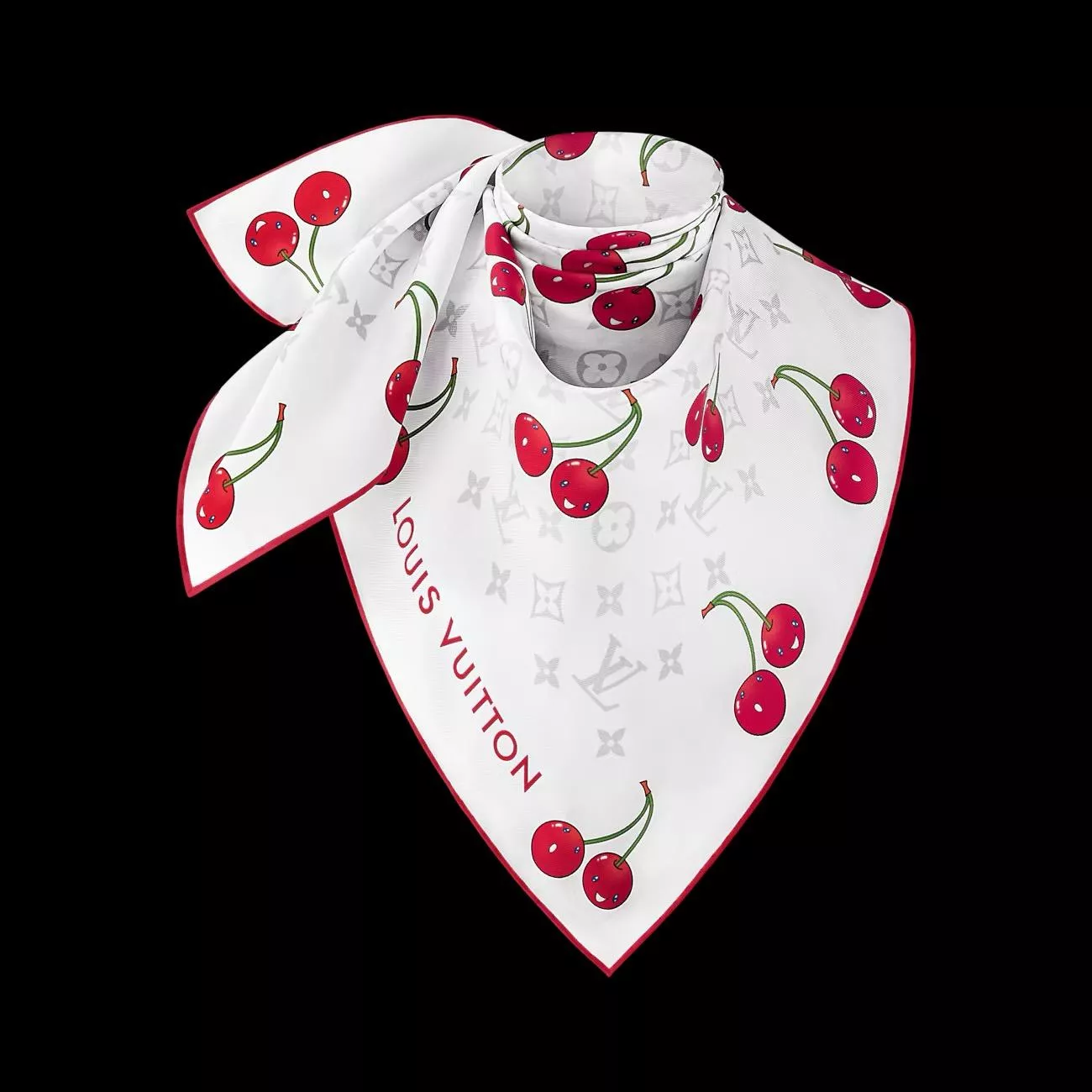 Denim Cerise 白色 櫻桃90真絲方巾｜印花絲巾｜90×90cm